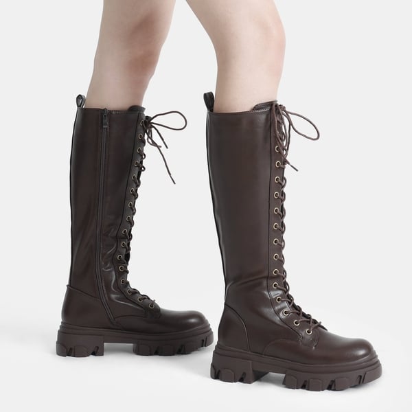 Lace Up Knee High Boots - BROWN PU - 1